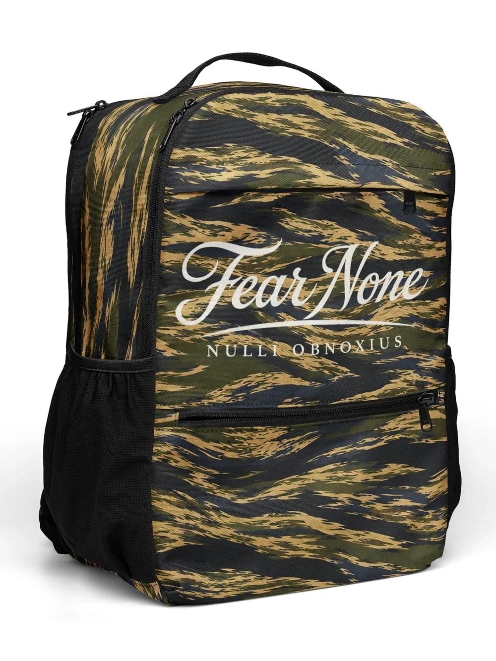Camouflage Tiger-Stripe Fear None Backpack in Green & Black